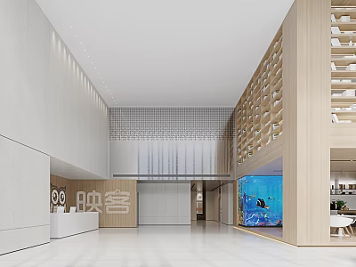 Modern Lobby Front Desk Reception with White Desk Wooden Screen And Fish Tank Elegant Design 3d model