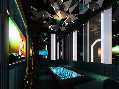 Modern KTV Lounge Interior With Geometric Ceiling LED Lights And Comfortable Sofas 3d model