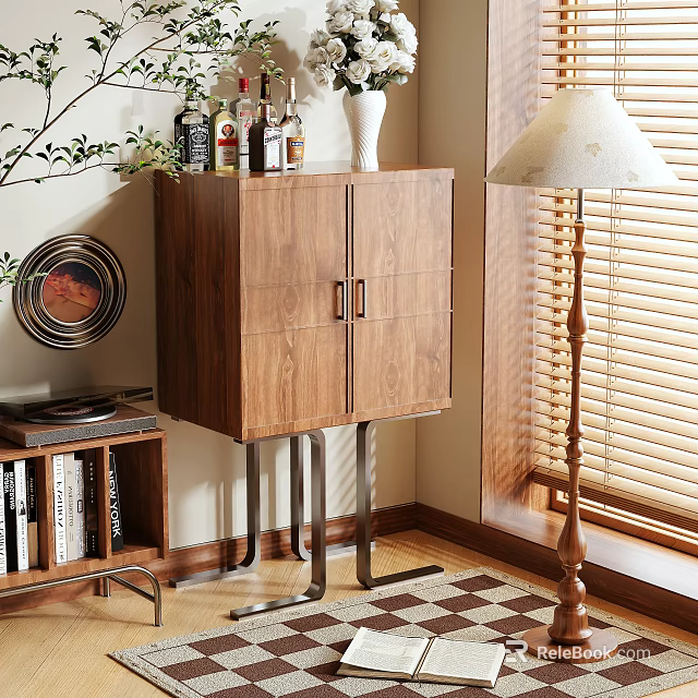 Wooden Entryway Side Cabinet With Metal Legs Decorative Bottles Vase Lamp Bookshelf And Rug 3d model 