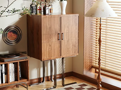 Wooden Entryway Side Cabinet With Metal Legs Decorative Bottles Vase Lamp Bookshelf And Rug 3d model