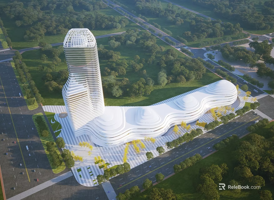 Aerial View Planning Of Modern Tower And Unique Curved Building With Greenery And Roads 3d model 