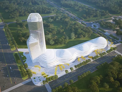 Aerial View Planning Of Modern Tower And Unique Curved Building With Greenery And Roads 3d model