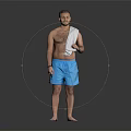 Men's Summer Casual Blue Shorts With Towel Over Shoulder Standing Barefoot On Black Background