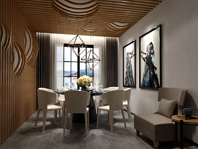 Elegant Private Dining Box With Round Table White Chairs Chandeliers And Decorative Paintings 3d model