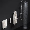 Bathroom Accessories on Black Wall White Towels Small Towel Bathrobe Shower Head Column Water Droplets