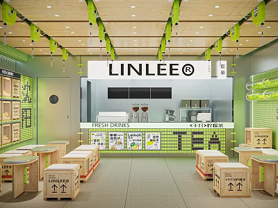 LINLEE Modern Bubble Tea Shop With Green Hanging Decor And Wooden Crate Tables 3d model