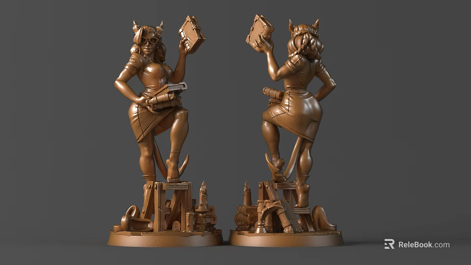 3D Model Bronze Sculpture Carving Of Female Figure With Horns Holding Tablet On Gear Base 3d model 