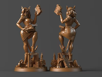 3D Model Bronze Sculpture Carving Of Female Figure With Horns Holding Tablet On Gear Base 3d model