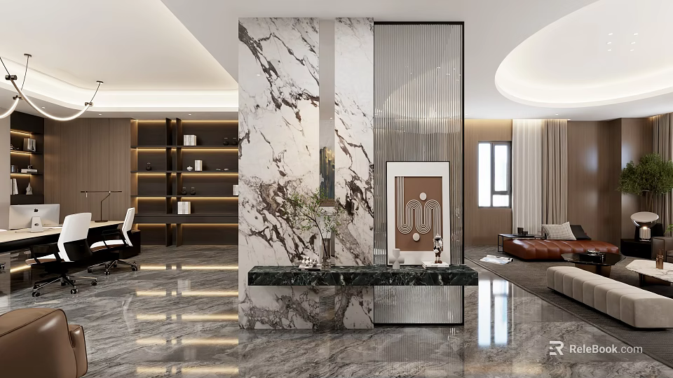 Elegant Modern Office Interior With Marble Wall Reception Desk Bookshelves And Sofa Area 3d model 