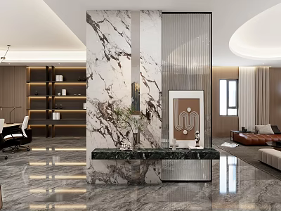 Elegant Modern Office Interior With Marble Wall Reception Desk Bookshelves And Sofa Area 3d model