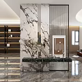 Elegant Modern Office Interior With Marble Wall Reception Desk Bookshelves And Sofa Area