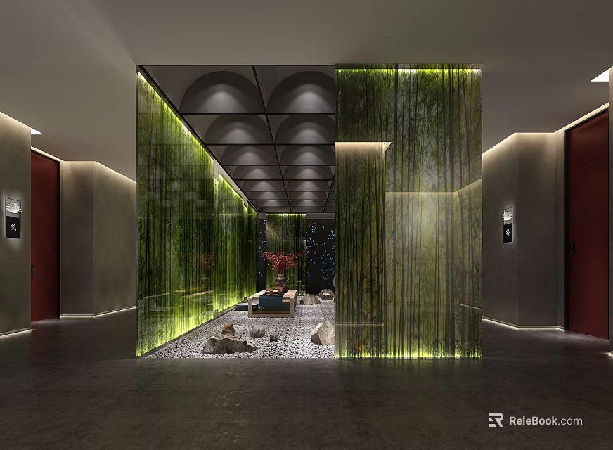 Modern Elevator Hallway Design With Green Vertical Curtains Ambient Lighting And Stone Floor Decor 3d model 
