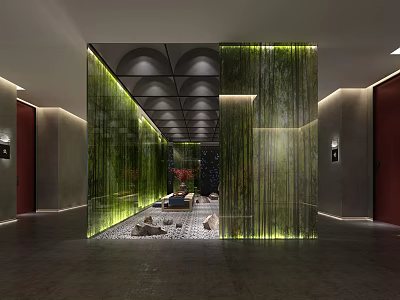 Modern Elevator Hallway Design With Green Vertical Curtains Ambient Lighting And Stone Floor Decor 3d model