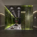 Modern Elevator Hallway Design With Green Vertical Curtains Ambient Lighting And Stone Floor Decor