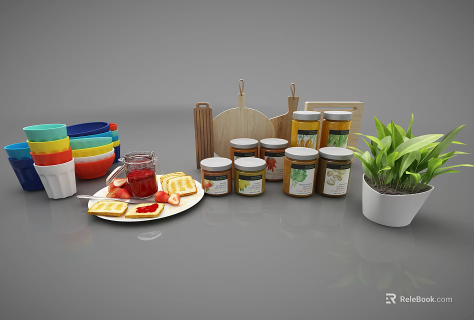 Stylish Kitchenware With Colorful Bowls Wooden Cutting Board Glass Jars Toast And Potted Plant 3d model 