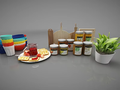 Stylish Kitchenware With Colorful Bowls Wooden Cutting Board Glass Jars Toast And Potted Plant 3d model