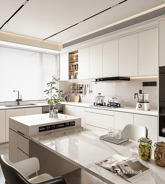 Modern Restaurant Kitchen Interior With White Cabinets Island Counter Appliances Blinds And Plants 3d model 