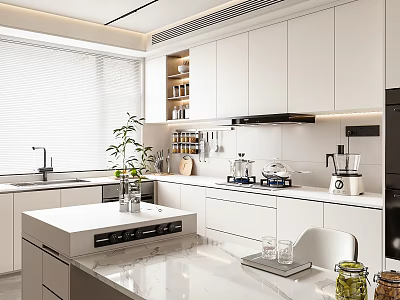 Modern Restaurant Kitchen Interior With White Cabinets Island Counter Appliances Blinds And Plants 3d model