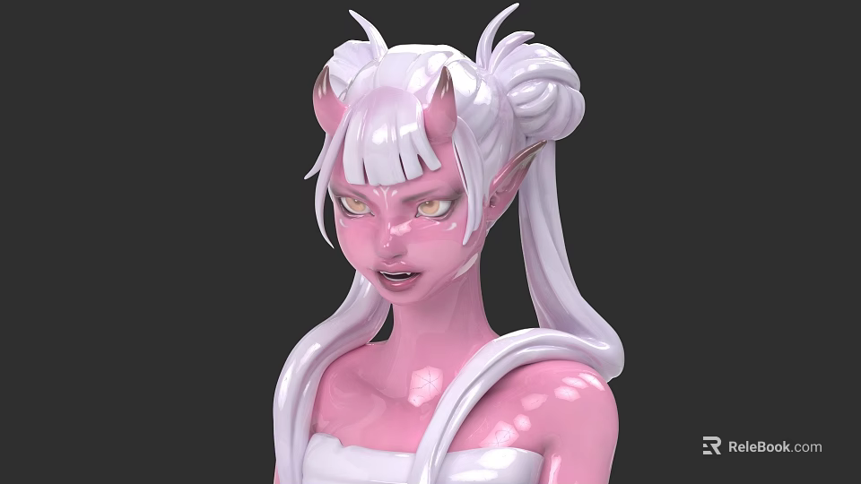 Unique Fantasy Game Movie Character With Pink Skin White High Ponytail Horns Yellow Eyes 3d model 