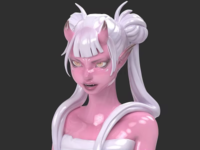 Unique Fantasy Game Movie Character With Pink Skin White High Ponytail Horns Yellow Eyes 3d model