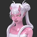 Unique Fantasy Game Movie Character With Pink Skin White High Ponytail Horns Yellow Eyes