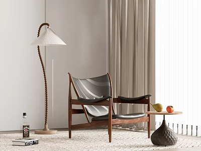 Walnut Frame Leisure Chair With Curved Upholstered Seat And Side Table Floor Lamp 3d model