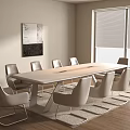 Modern Conference Table With White Chairs Wooden Floor Wall Painting Large Window Blinds And Rug