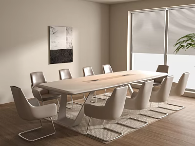 Modern Conference Table With White Chairs Wooden Floor Wall Painting Large Window Blinds And Rug 3d model