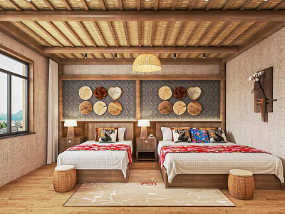 Hotel Guest Room With Two Beds Wooden Ceiling Rattan Pendant Light Circular Decorations View Window 3d model