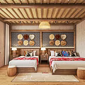 Hotel Guest Room With Two Beds Wooden Ceiling Rattan Pendant Light Circular Decorations View Window