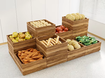 Wooden Display Shelves with Fresh Vegetables and Fruits in Layered Storage Bins 3d model