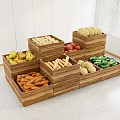 Wooden Display Shelves with Fresh Vegetables and Fruits in Layered Storage Bins