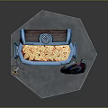 Open Treasure Chest Display With Gold Coins Sword And Shield On Hexagonal Stone Pedestal