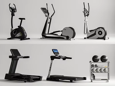 Modern Fitness Equipment Collection Featuring Exercise Bike Elliptical Trainer Treadmill And Dumbbell Rack 3d model