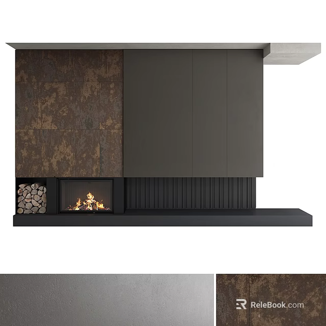 Modern Fireplace Interior With Burning Fire Stacked Wood And Dark Panels 3d model