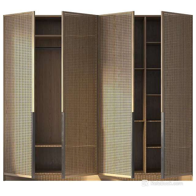 Elegant Modern Wardrobe Interior With Wooden Frame Perforated Doors And Open Storage Shelves 3d model 