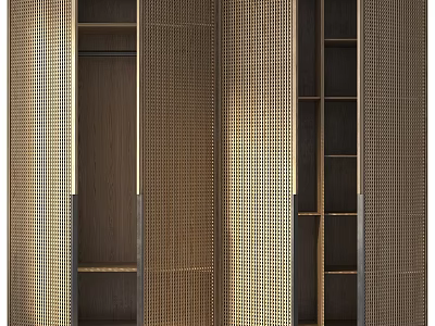 Elegant Modern Wardrobe Interior With Wooden Frame Perforated Doors And Open Storage Shelves 3d model
