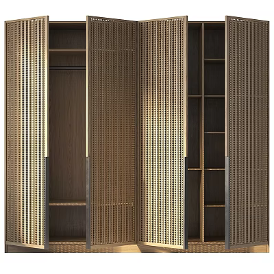 Elegant Modern Wardrobe Interior With Wooden Frame Perforated Doors And Open Storage Shelves 3d model