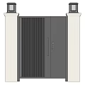 Modern Gray Entrance Gate With White Pillars Vertical Slats And Top Lanterns