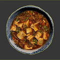Authentic Mapo Tofu in Blue and White Patterned Bowl with Red Sauce Cubes and Vegetables