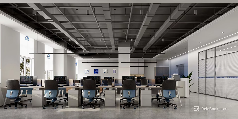 Modern Public Office Space With Spacious Open Layout Exposed Ceiling And Ergonomic Workstations 3d model 
