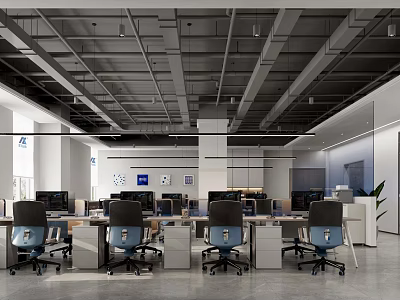 Modern Public Office Space With Spacious Open Layout Exposed Ceiling And Ergonomic Workstations 3d model