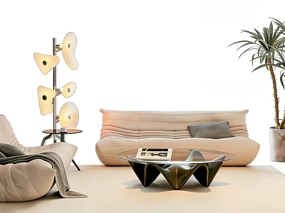 Modern Soft Beige Upholstered Sofa And Creative Coffee Table Combination For Stylish Home Living Area 3d model