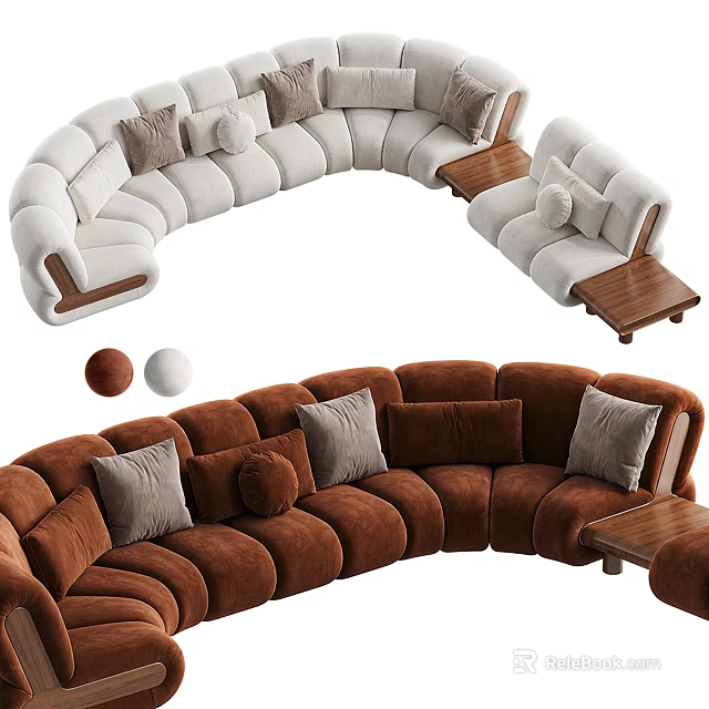 Multi Person Curved Sofa With White Brown Upholstery Plush Pillows And Wooden Side Tables 3d model 