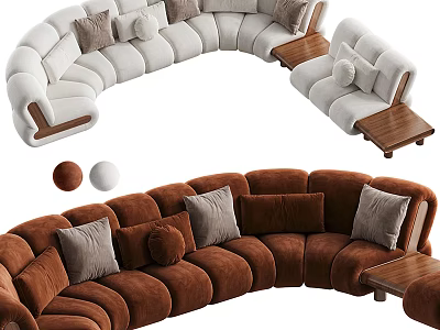 Multi Person Curved Sofa With White Brown Upholstery Plush Pillows And Wooden Side Tables 3d model