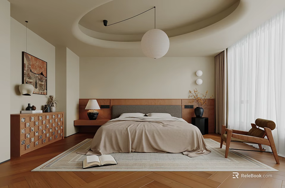 Modern Bedroom Interior Design With Wooden Bed Area Rug Pendant Light And Artwork 3d model 