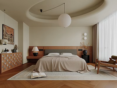 Modern Bedroom Interior Design With Wooden Bed Area Rug Pendant Light And Artwork 3d model
