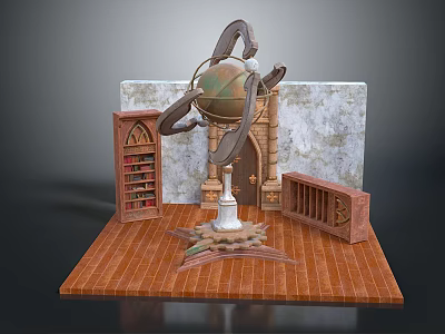 Detailed 3D Interior Scene With Globe Bookshelf Stone Wall Wooden Door Balustrade And Wooden Floor 3d model