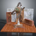 Detailed 3D Interior Scene With Globe Bookshelf Stone Wall Wooden Door Balustrade And Wooden Floor