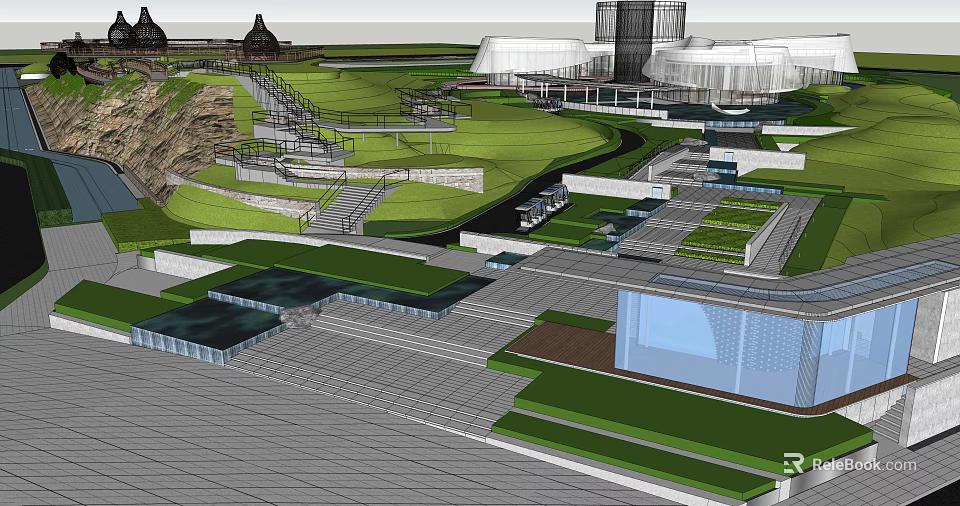 Modern Landscape Design With Green Lawns Stone Steps And Architectural Structures 3d model